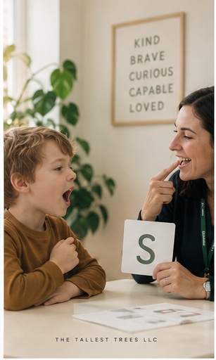 A speech provider practicing sounds with a young student