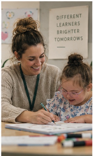 An educator and a student working together at a classroom desk