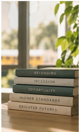 A stack of books labeled belonging, inclusion and opportunity