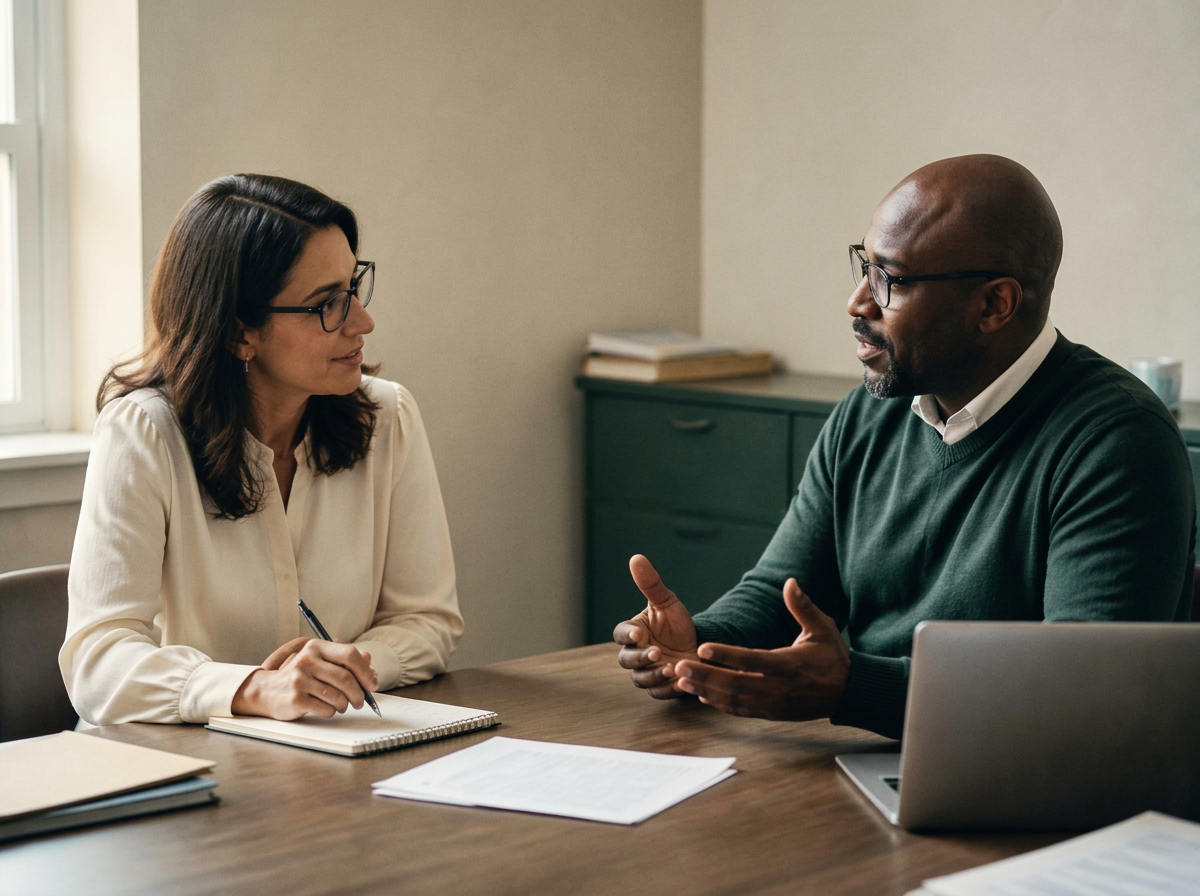 Two education professionals in conversation across an office table