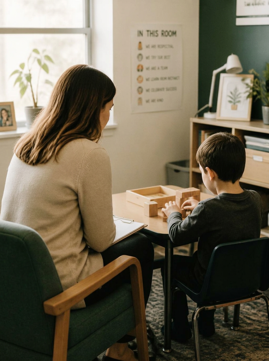 A school psychologist working one-to-one with a student in a quiet assessment room