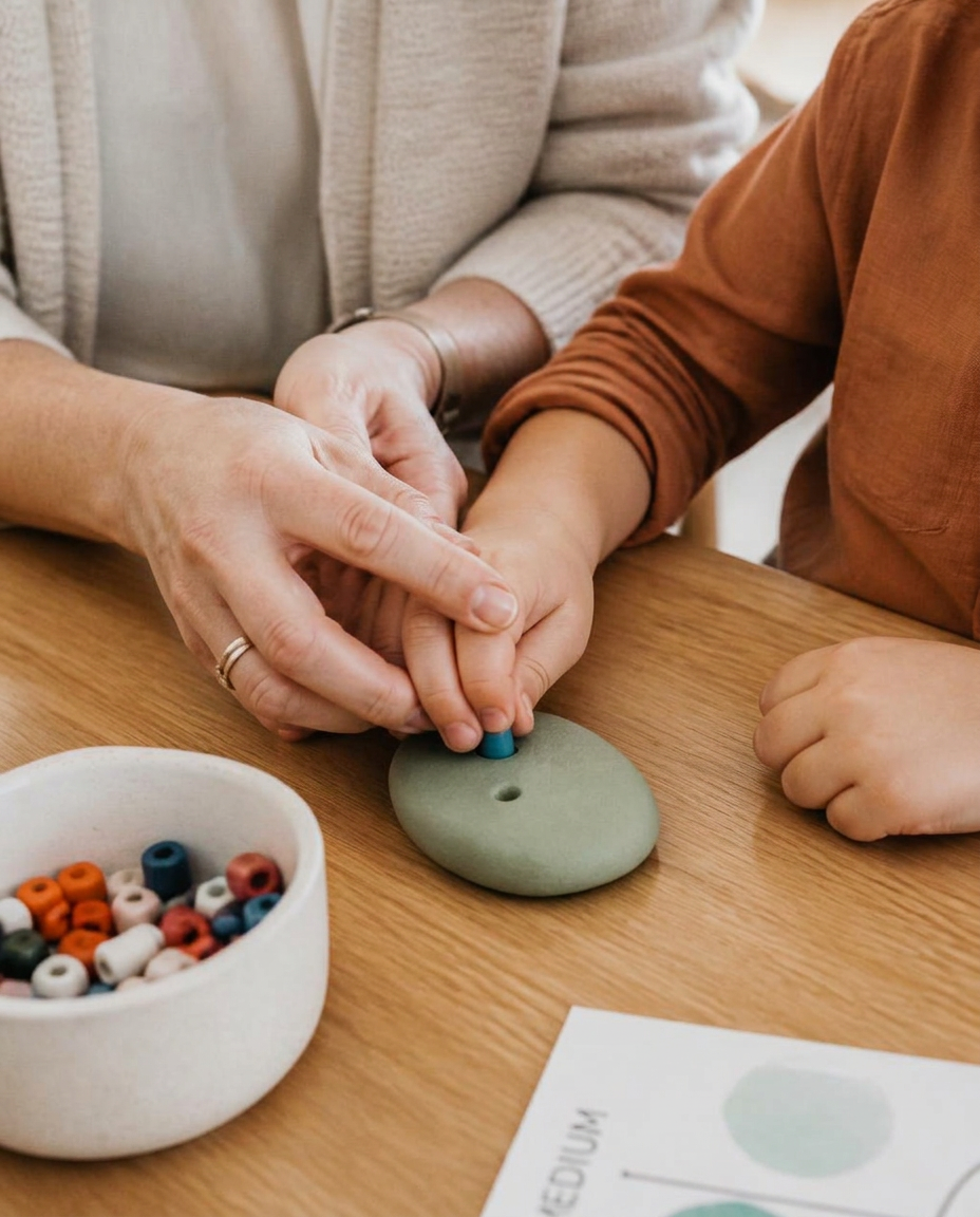 Close view of a therapist guiding a child's hands with therapy materials