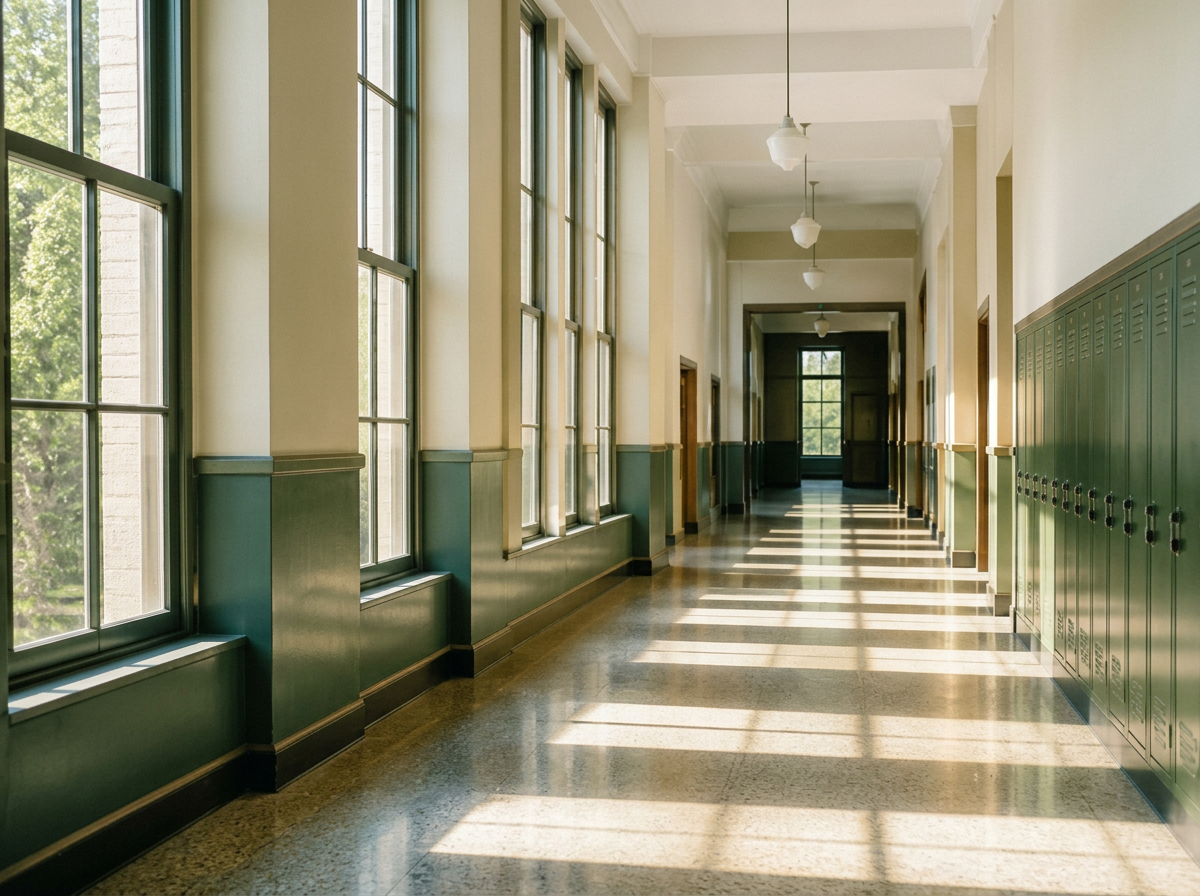 Sunlight falling in vertical bands across an empty school hallway