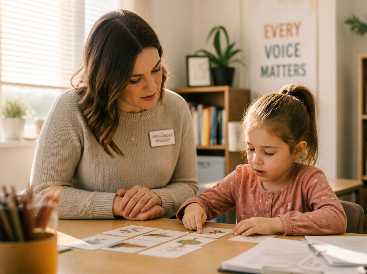 A speech-language pathologist working with a young student using picture cards
